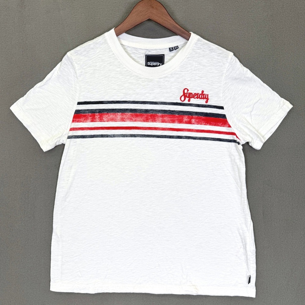 Superdry Shirt Women US 8 White Red Navy Stripe Slub Cotton Logo Japan Tee